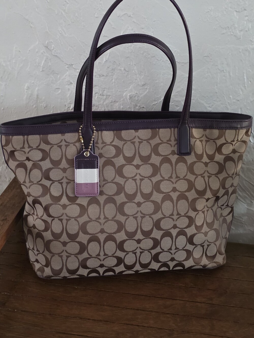 Coach Legacy Weekender, Khaki Jacquard In Signature C And Purple Leather Trim